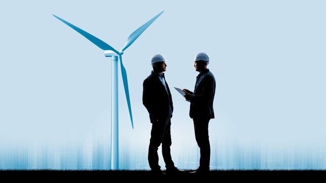 Two engineers discussing renewable energy project near a large wind turbine with city skyline background and clear sky view