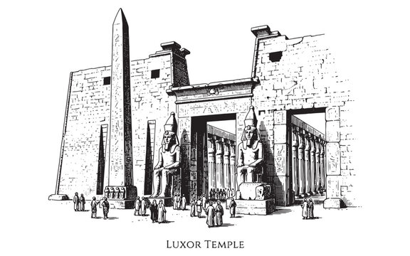 Luxor Temple Ancient Egypt, Detailed Hand-Drawn Ruins Architecture Sketch