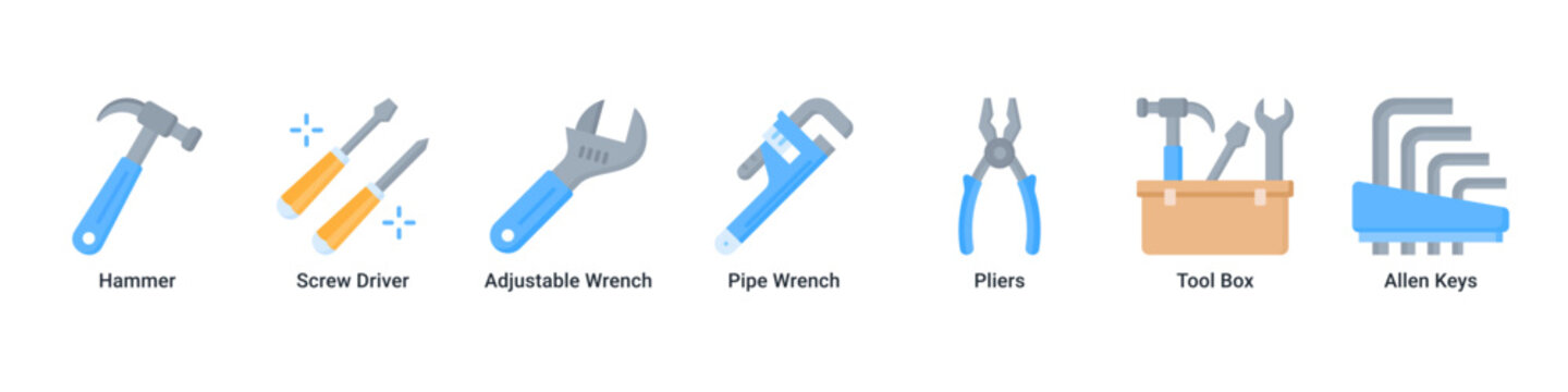 Tool Repair web banner icon vector illustration with Hammer, Screw Driver, Adjustable Wrench, Pipe Wrench, Pliers, Tool Box and Allen Keys for repair services