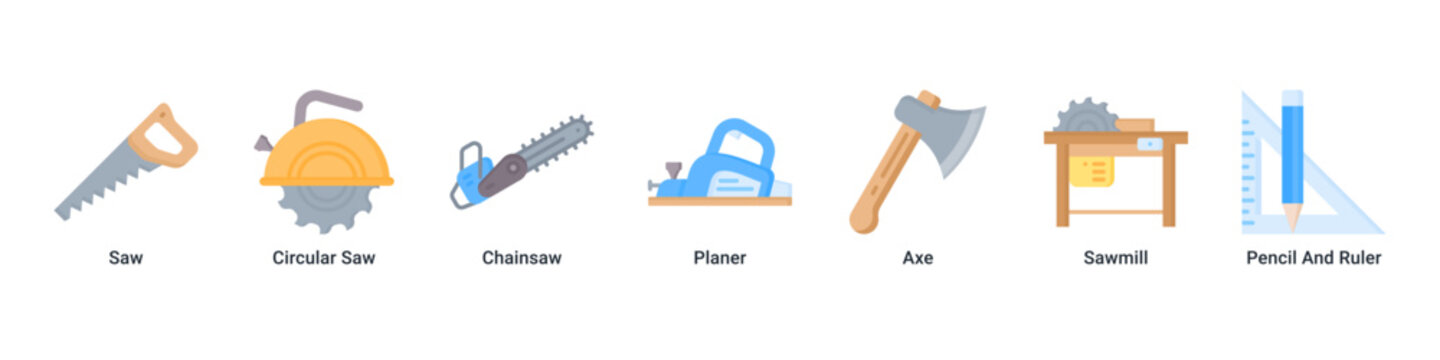 Wood Craft web banner icon vector illustration with Saw, Circular Saw, Chainsaw, Planer, Axe, Sawmill and Pencil And Ruler for woodworking projects