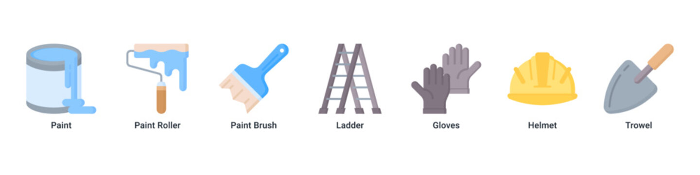 Paint Setup web banner icon vector illustration with Paint, Paint Roller, Paint Brush, Ladder, Gloves, Helmet and Trowel for renovation work