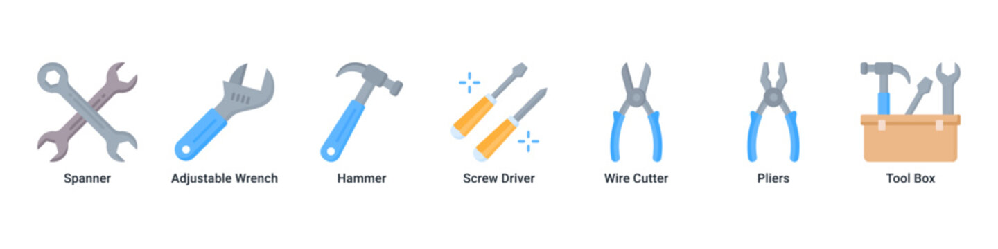 Workshop Kit web banner icon vector illustration with Spanner, Adjustable Wrench, Hammer, Screw Driver, Wire Cutter, Pliers and Tool Box