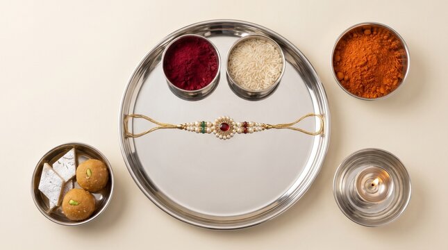 Top view flat lay of a stainless steel pooja thali with an elegant pearl rakhi, bowls of kumkum and rice, traditional sweets like kaju katli and besan laddu, turmeric powder, and a burning diya on a p