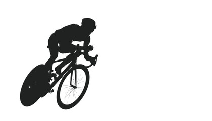 Obraz premium Cyclist speeds forward on a racing bicycle during a high intensity training session captured as a black silhouette against a white backdrop.