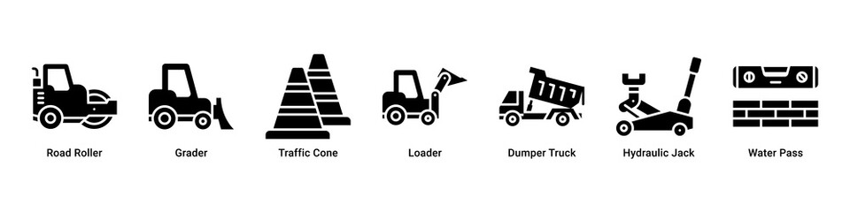 Road Work web banner icon vector illustration with Road Roller, Grader, Traffic Cone, Loader, Dumper Truck, Hydraulic Jack and Water Pass © Arjuna