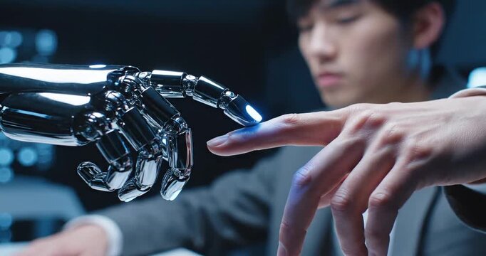 Robot hand touching human finger technology.