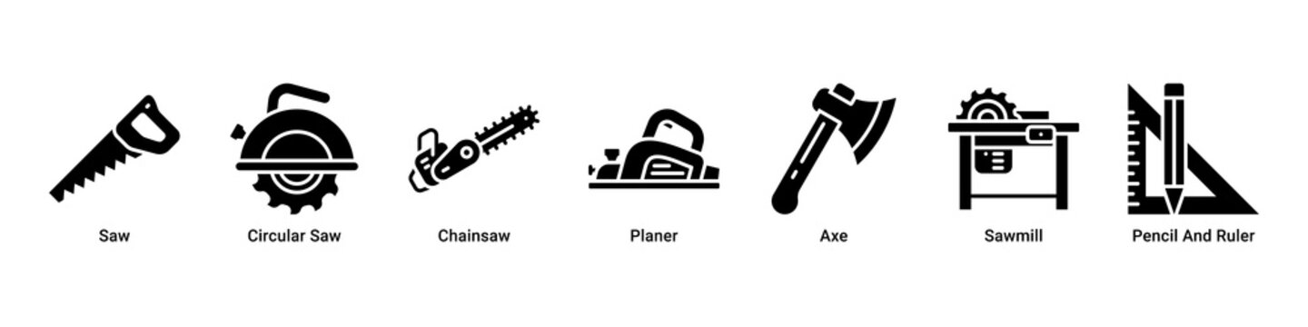 Wood Craft web banner icon vector illustration with Saw, Circular Saw, Chainsaw, Planer, Axe, Sawmill and Pencil And Ruler for woodworking projects