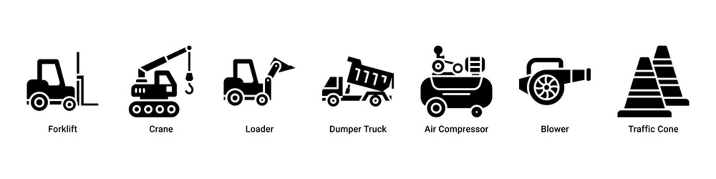 Heavy Lift web banner icon vector illustration with Forklift, Crane, Loader, Dumper Truck, Air Compressor, Blower and Traffic Cone