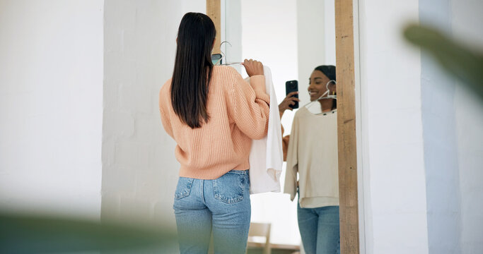 Choice, woman and selfie with garment in mirror for outfit decision, getting ready and back. Reflection, sweater and girl with picture in home for clothing option, wardrobe selection or start day