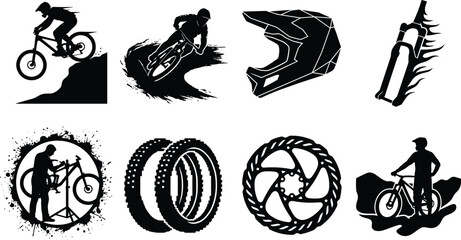 Naklejka premium Mountain bike vector silhouette icon set featuring extreme downhill riders protective helmet spare parts and workshop repair graphics