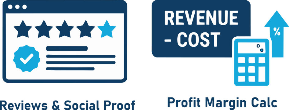 Business finance and marketing concepts with reviews and profit margin calculator icons 