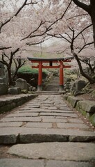 Fototapeta premium 桜舞う田舎の神社の鳥居と参道