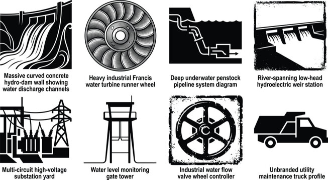 Hydroelectric power and dam infrastructure vector silhouette icon set featuring water turbine substation tower valve and maintenance truck in image_a09b21.png