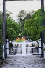 Fototapeta premium Garden gate framed by lush greenery opens toward peaceful pathway, gate creating elegant entrance in natural setting. Gate scene highlights symmetry, outdoor architecture, decorative detail. vertical