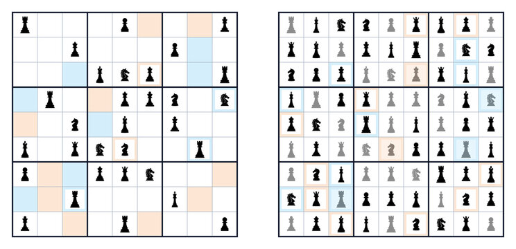 Chess puzzle grids with highlighted squares and black pieces  