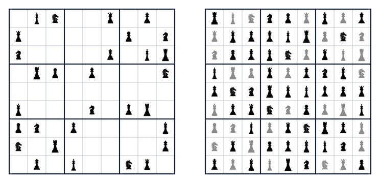 Chess puzzle grids with black and white chess pieces on board  