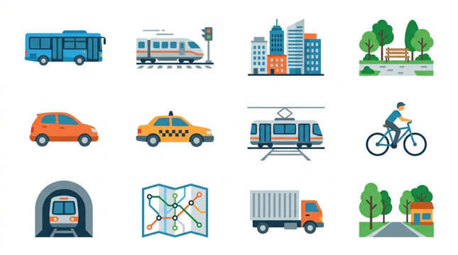 Illustrated Urban Transportation Icons Set.
