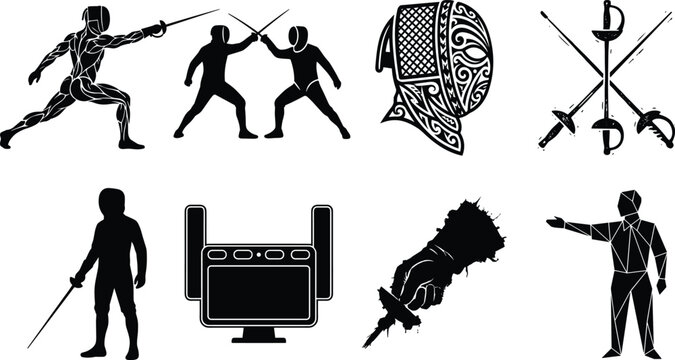 Fencing sport vector silhouette set featuring professional fencers, protective masks, epee swords, and athletic competition symbols on white background