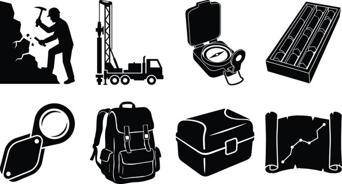 Geology and mining vector silhouette icon set featuring geologist drilling rig core samples compass and field equipment in image_a10022.png