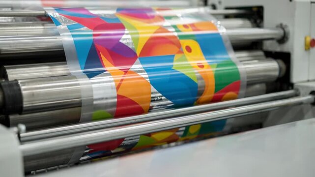 Medium shot capturing the triplex lamination operation featuring aluminum foil plastic film and a printed layer focusing on the integration of vibrant printed designs in the