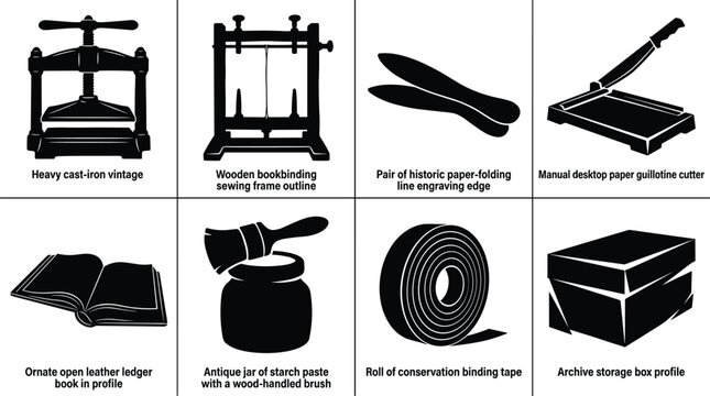 Vintage bookbinding tools vector silhouette set featuring cast iron press paper cutter glue brush ledger book and storage box in image_a10424.png