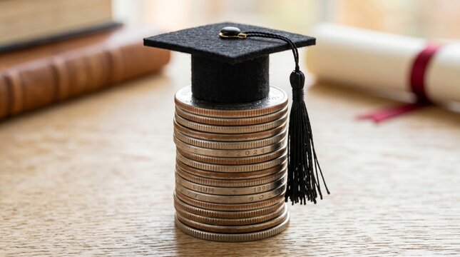 Education cost concept with small graduation cap on stack of coins university diploma and books