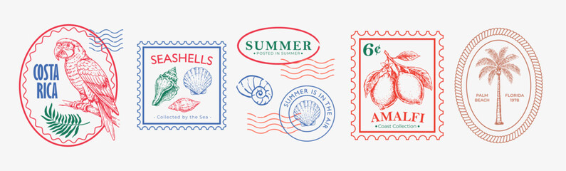 Hand-drawn retro postage stamp collection inspired by tropical travel and coastal life. Features parrot, shells, lobster, palm tree and decorative summer postal elements in an engraved vintage style. © Andrey