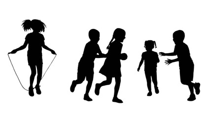 Black silhouettes of children playing jump rope © Md