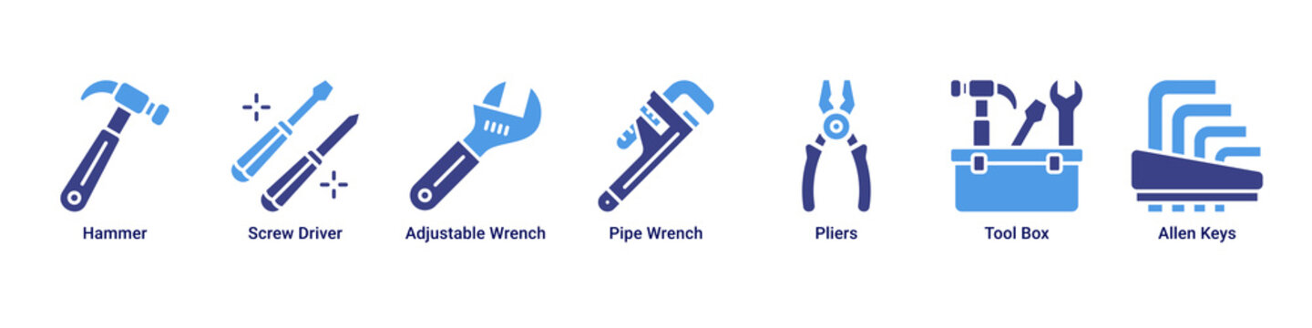 Tool Repair web banner icon vector illustration with Hammer, Screw Driver, Adjustable Wrench, Pipe Wrench, Pliers, Tool Box and Allen Keys for repair services