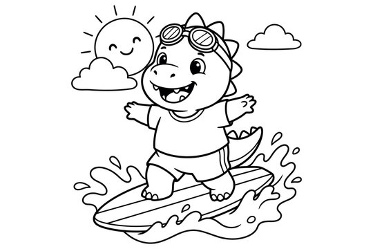 Cute cartoon dinosaur surfing on a wave under a smiling sun. Happy dino character riding a surfboard, black and white line art vector illustration for children coloring page.