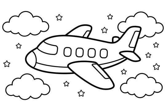 Cute cartoon airplane flying in the sky among clouds and stars. Black and white line art vector illustration of a passenger plane for kids coloring page activity.