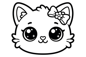 Fototapeta premium Cute cartoon kitten face with a bow, black and white outline vector illustration for kids coloring page.