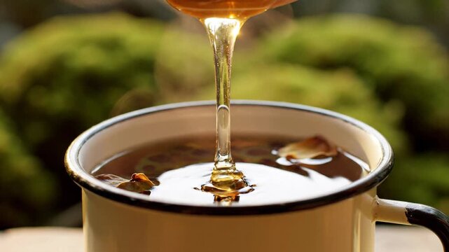 Golden honey dripping from wooden spoon into a cup, natural sweetener concept