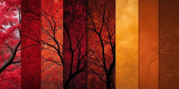 Panoramic autumn vertical panel background with dark tree silhouettes and red orange foliage for fall banner and wallpaper design