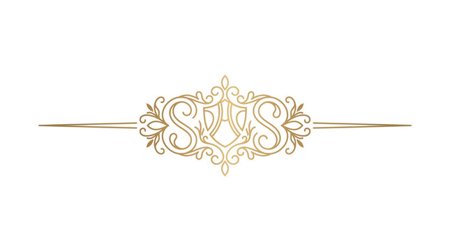 Vintage gold monogram divider with letter S, elegant heraldic shield emblem, luxury ornamental filigree border for wedding invitations isolated PNG with Transparent Background