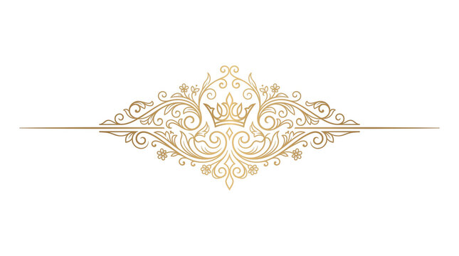 Vintage gold filigree divider with royal crown, elegant ornamental flourish for wedding invitations, luxury golden scrollwork border element isolated PNG with Transparent Background