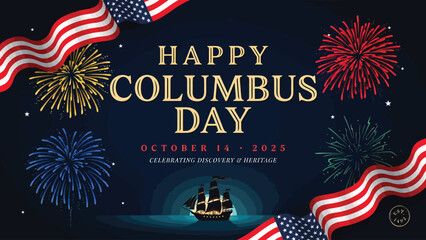 Happy columbus day celebration with fireworks flags and a historical ship illustration © Outline Icon Set