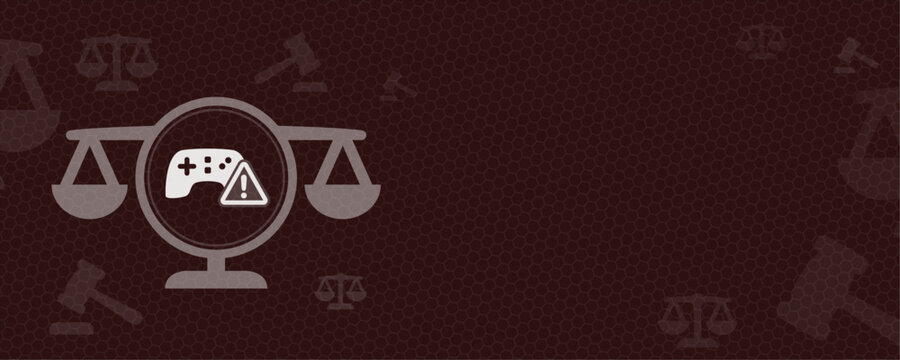 This graphic with copy space depicts a warning regarding digital law, litigation, and gaming industry regulation. The balanced scale symbolizes justice and legal ethics in gaming.