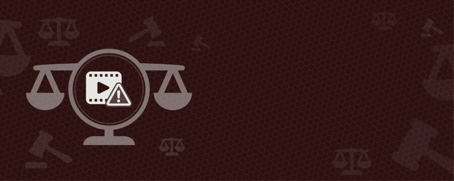 A conceptual design featuring a scales of justice icon with a video warning sign, perfect as a graphic background with copy space for legal content, laws, and digital media regulations.