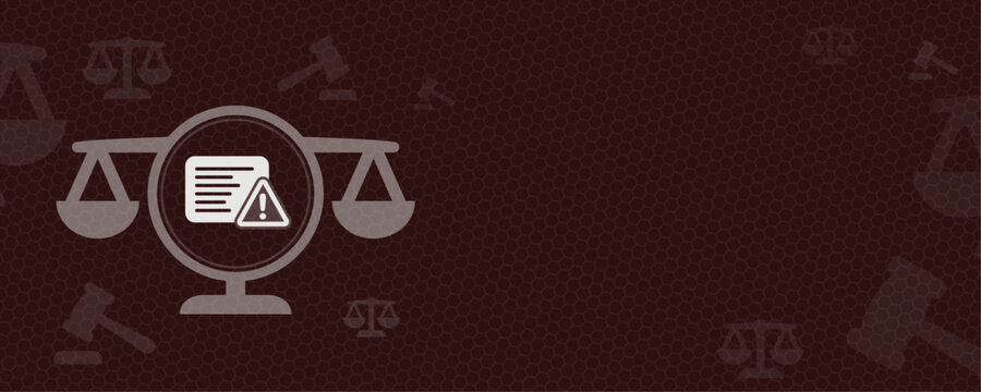 Legal concept illustration featuring a balance scale icon with a document and warning sign. This design offers ample copy space, perfect for themes regarding law, justice, and regulations.