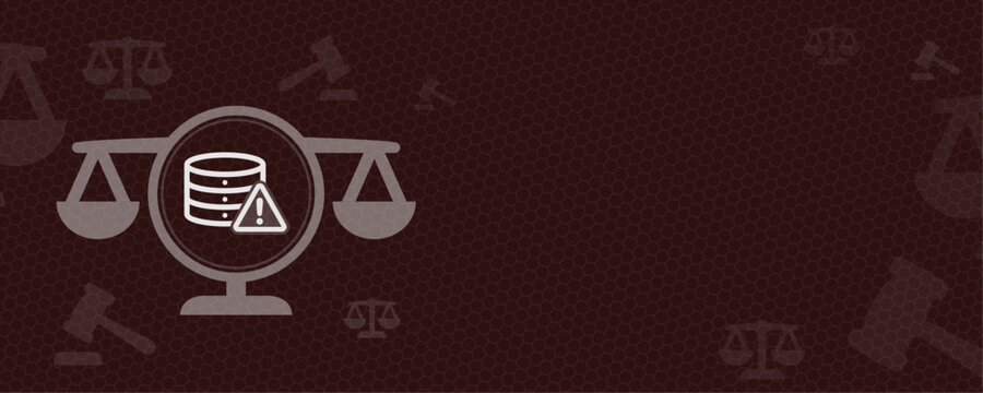 Vector illustration featuring a data server icon with a warning symbol on scales of justice, offering ample copy space for legal text related to digital law, security and data privacy.