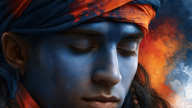 Traditional lord shiva blue skin portrait with closed eyes for spiritual poster and devotional background artwork