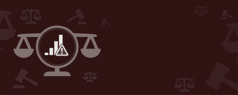 This conceptual graphic features a legal scale icon with a bar chart and warning sign, providing ample copy space for text related to law, litigation risks, and judicial analysis