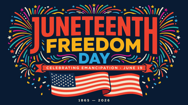 Juneteenth freedom day celebration with fireworks flag and emancipation message