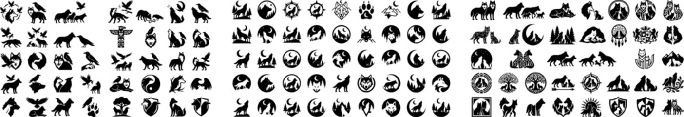 Fototapeta premium Black silhouettes of various animals and nature elements on white background for graphic design many different icons