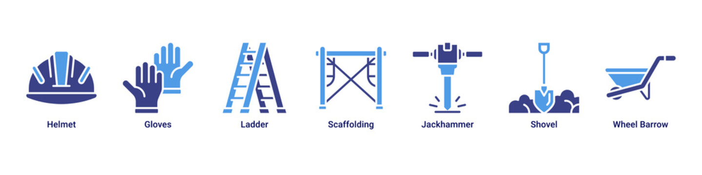 Builder Gear web banner icon vector illustration with Helmet, Gloves, Ladder, Scaffolding, Jackhammer, Shovel and Wheel Barrow for builders