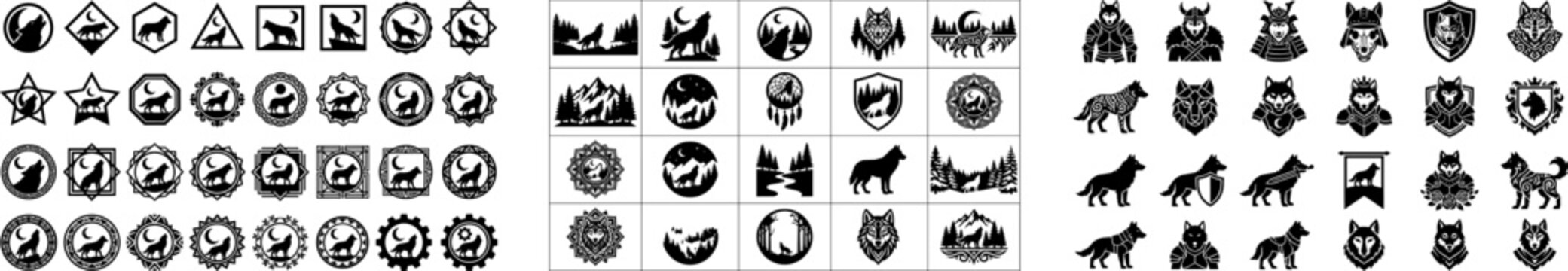 Many different wolf logos and icons  various wolf designs and symbols  wolf logos and icons on white background