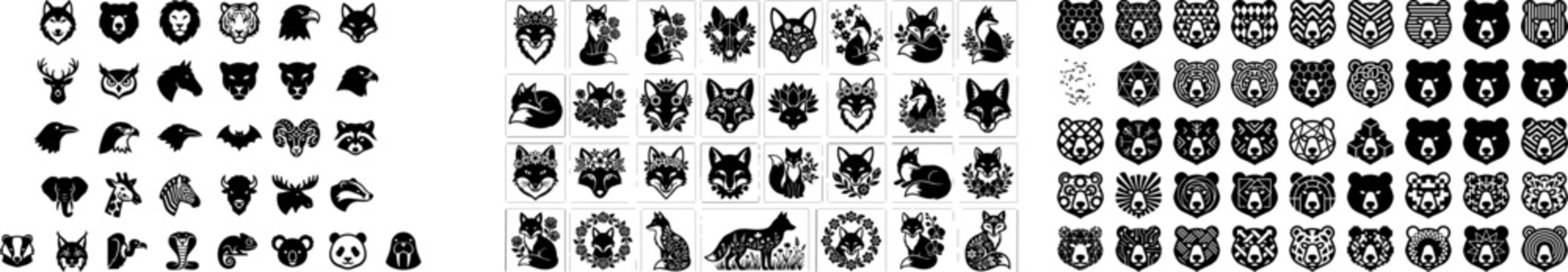 Black and white animal faces and heads in different styles and patterns  various wildlife icons
