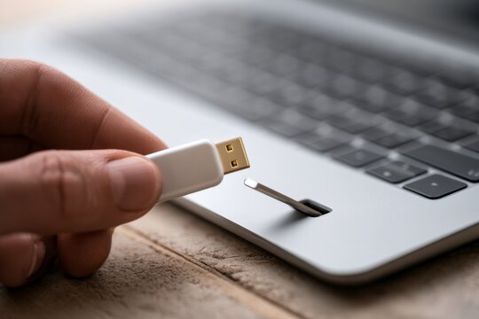 Hand Holding Security Key Near USB Port on Laptop for Cybersecurity
