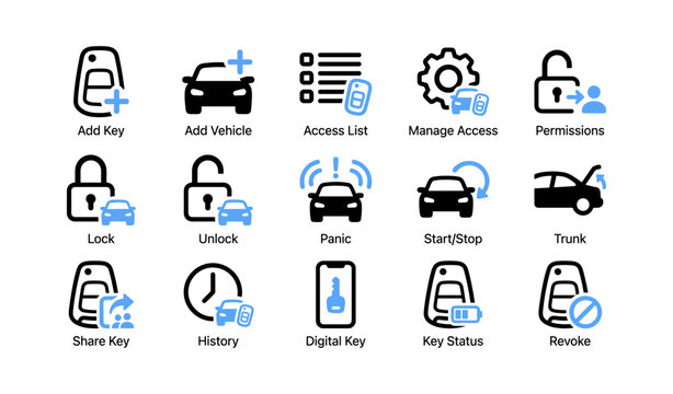 Car key and vehicle access icons arranged on white background